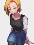 1girl android_18 belt black_pantyhose blonde_hair blue_eyes blue_skirt breasts closed_mouth dragon_ball dragon_ball_z earrings jewelry kemachiku long_sleeves looking_at_viewer medium_breasts pantyhose shirt short_hair skirt solo 