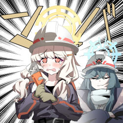  2girls :3 @_@ aoba_(blue_archive) black_shirt blonde_hair blue_archive blue_halo blue_jacket brown_gloves closed_eyes commentary_request cosplay crossed_arms emphasis_lines gloves green_hair grey_scarf grey_shirt halo hard_hat helmet holding_tool jacket labor_party_member_(blue_archive) labor_party_member_(blue_archive)_(cosplay) long_hair low_twintails minori_(blue_archive) multiple_girls open_mouth orange_halo peanut_mouth red_eyes scarf shirt sound_effects tearing_up towel towel_around_neck twintails user_vnke7835 white_helmet 