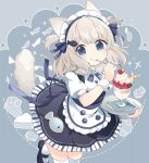  1girl animal_ears apron bangs blonde_hair blue_eyes blush brooch cake cake_slice cherry chocolate fish fish_hair_ornament food fruit hair_ornament holding holding_tray holding_utensil jewelry koguma105 maid_headdress mary_janes medium_hair neck_ribbon original parfait ribbon shoes smile solo standing standing_on_one_leg strawberry striped striped_ribbon tail thigh-highs tray two_side_up utensil_in_mouth waist_apron waitress 