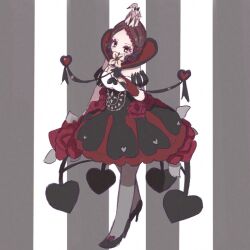  1girl brown_hair commentary_request crown dress flower gloves gothic_lolita grim_heart hair_ornament heart heart_hair_ornament heart_print high_heels highres holding holding_flower lolita_fashion magical_girl mahou_shoujo_ikusei_keikaku mahou_shoujo_ikusei_keikaku_jokers nana_shichiam red_flower red_rose rose short_hair white_flower 