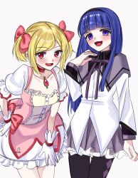 2girls akemi_homura akemi_homura_(cosplay) akemi_homura_(magical_girl) alternate_costume argyle_clothes argyle_pantyhose arm_shield blonde_hair blue_hair blunt_bangs blush bow bow_choker bubble_skirt cape chest_jewel choker collared_dress commentary_request corset cosplay crossover dress dress_bow frederica_bernkastel frilled_dress frilled_skirt frilled_sleeves frills gem gloves hair_bow hairband hand_on_own_hip highres jacket kaname_madoka kaname_madoka_(cosplay) kaname_madoka_(magical_girl) lambdadelta layered_dress long_hair looking_at_viewer magical_girl mahou_shoujo_madoka_magica mahou_shoujo_madoka_magica_(anime) multiple_girls open_mouth pantyhose pink_dress pink_gem pink_hair pleated_skirt pomeqyu7 puffy_short_sleeves puffy_sleeves purple_bow purple_eyes purple_shirt purple_skirt red_bow red_choker red_eyes shirt short_dress short_hair short_sleeves short_twintails sidelocks simple_background skirt soul_gem_(madoka_magica) square_neckline twintails two-tone_capelet two-tone_dress umineko_no_naku_koro_ni white_cape white_dress white_gloves white_jacket yellow_corset