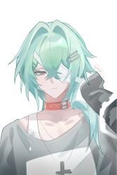 1boy absurdres airheadmei alternate_costume anaxa_(honkai:_star_rail) arm_up arm_warmers bandage_over_one_eye black_arm_warmers closed_mouth collar collarbone green_hair hair_between_eyes hair_intakes hair_ornament hairclip hand_up highres honkai:_star_rail honkai_(series) long_hair one_eye_covered pale_skin red_eyes sketch white_background