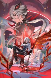  2girls absurdres allenerie arch arlecchino_(cinder_of_two_worlds'_flames)_(genshin_impact) arlecchino_(genshin_impact) backless_outfit black_eyes black_jacket black_pants black_shoes black_streaks chair coattails crack crimson_moon's_semblance_(genshin_impact) delusion_(genshin_impact) dual_persona eyeliner frilled_pants frills from_behind gem genshin_impact grey_jacket grey_vest hair_between_eyes hair_ornament hair_tie high_heels highres jacket long_bangs long_hair low_ponytail makeup merchandise_available multicolored_hair multiple_girls pants ponytail profile red_gem red_pupils red_wings ruins scythe shirt shoes single_wing sitting stiletto_heels straight-on streaked_hair symbol-shaped_pupils tailcoat vest white_hair white_shirt wings x-shaped_pupils 