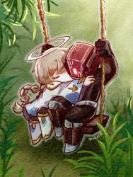 1girl 1other ambiguous_gender forest halo highres lobotomy_corporation lrn1516518 mechanical_head nature on_swing project_moon red_fixer_(project_moon) short_twintails swing twintails white_fixer_(project_moon) 