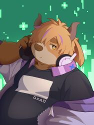  1boy absurdres animal_ears belly black_shirt closed_mouth commentary cow_boy cow_ears cow_horns english_commentary fat furry furry_male headphones highres hoho_po horns jacket male_focus mengkui_(xxl) multicolored_hair plump purple_jacket shirt upper_body xxl_woofia 