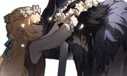  1boy 1girl 1nuyaki :d ^_^ aged_down aqua_ribbon arm_up arms_up black_coat black_hair blonde_hair bowing brown_vest capitano_(genshin_impact) child closed_eyes closed_mouth coat falling_petals flower_wreath frilled_sleeves frills fur-trimmed_coat fur_trim genshin_impact hair_between_eyes hair_ribbon head_wreath highres holding holding_sword holding_weapon holding_wreath long_hair long_sleeves open_mouth petals planted planted_sword pointy_ears profile ribbon shirt sidelocks simple_background smile sword teeth vesna_(genshin_impact) vest weapon white_background white_shirt 