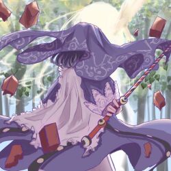  1girl brick commentary_request dress floating forest from_behind highres holding holding_weapon leaf levitation magical_girl mahou_shoujo_ikusei_keikaku mahou_shoujo_ikusei_keikaku_breakdown nana_shichiam nature rareko_(mahoiku) veil weapon wind 