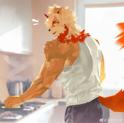  1boy absurdres animal_ears arknights black_shorts blush chinese_commentary colored_tips commentary_request dog_ears dog_tail fang from_side furry furry_male highres horns hung_(arknights) komainu_boy looking_at_viewer male_focus multicolored_hair muscular muscular_male notice_lines open_mouth profile shirt shorts single_horn sleeveless sleeveless_shirt smile stove tail watermark weibo_username weibo_watermark white_shirt zishengshengshengsheng 