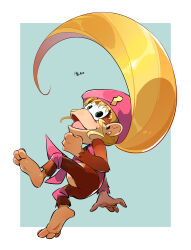  1girl ape beret blonde_hair commentary_request dixie_kong donkey_kong_(series) earrings green_eyes hat highres jewelry long_hair looking_at_viewer monkey monkey_girl mu_(mu_963) open_mouth pink_hat simple_background smile solo 