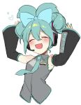  1girl alternate_hairstyle armpits arms_up bangs bare_shoulders blue_bow blue_hair blue_necktie blush bow breasts cinnamiku closed_eyes collared_shirt detached_sleeves frills grey_shirt hair_between_eyes hair_bow hair_ornament hands_up hatsune_miku heart highres jill_07km long_sleeves medium_breasts necktie open_mouth shirt short_hair simple_background smile solo vocaloid white_background wide_sleeves 