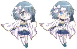 1girl anime_coloring bandage_over_one_eye bandaged_head bandaged_leg bandages belt belt_buckle blue_belt blue_boots blue_collar blue_eyes blue_gem blue_gloves blue_hair blue_shirt blue_skirt blue_sleeves blush_stickers boots bow buckle cape chibi clothing_cutout collar collared_cape commentary_request covered_mouth detached_collar detached_sleeves diamond_print expressionless fortissimo frilled_shirt_collar frills gem gloves glowing glowing_eyes gold_buckle hair_bow hair_ornament hairclip hand_in_own_hair high_collar highres karen_(karen_wanwan) long_sleeves magical_girl mahou_shoujo_madoka_magica mahou_shoujo_madoka_magica:_walpurgis_no_kaiten miki_sayaka miki_sayaka_(magical_girl) miniskirt musical_note musical_note_hair_ornament parted_lips pleated_skirt print_shirt puffy_long_sleeves puffy_sleeves ringed_eyes sample_watermark shirt short_hair simple_background single_blush_sticker single_thighhigh skirt soul_gem_(madoka_magica) stomach_cutout stomach_jewel strapless strapless_shirt surprised tareme thighhighs two-tone_collar variations watermark white_background white_bow white_cape white_collar white_shirt white_thighhighs