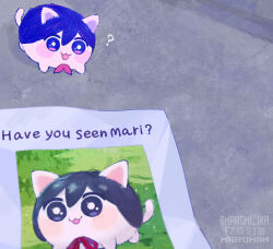  :3 ? animal_focus animalization blush cat double-parted_bangs hair_between_eyes long_hair mari_(faraway)_(omori) mari_(headspace)_(omori) mari_(omori) maromichan missing_poster no_humans omori open_mouth purple_hair smile twitter_username violet_eyes 
