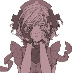  1girl animal_print bird_print black_bow black_dress black_gloves bow commentary_request dress gloves hair_ornament hand_on_own_cheek hand_on_own_face hat highres looking_at_viewer magical_girl mahou_shoujo_ikusei_keikaku mahou_shoujo_ikusei_keikaku_restart nurse_cap raised_inner_eyebrows ribbon sad shadowgale short_hair simple_background solo upper_body white_background x_hair_ornament yomo_gigyoza 