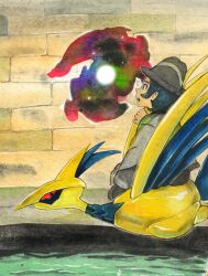  1boy black_hair brick_wall closed_mouth commentary cropped english_commentary flying grey_hat grey_jacket hat highres jacket male_focus mega_pokemon mega_skarmory mofinngram open_mouth painting_(medium) paxton_(pokemon) pokemon pokemon_legends:_z-a portal_(object) riding riding_pokemon short_hair skarmory traditional_media water watercolor_(medium) 