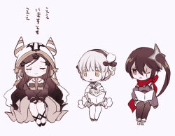  3girls black_hair black_hairband brown_eyes closed_eyes closed_mouth commentary_request detached_sleeves geta grey_background hair_ornament hairband hood horns long_hair magical_girl mahou_shoujo_ikusei_keikaku mahou_shoujo_ikusei_keikaku_limited maruino multiple_girls pity_frederica red_scarf ripple_(mahoiku) sailor_collar scar scar_across_eye scar_on_face scarf school_uniform shuriken_hair_ornament sitting smile snow_white_(mahoiku) thigh-highs translation_request white_hair 