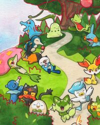  :3 against_tree arms_behind_head black_eyes bright_pupils chikorita closed_eyes closed_mouth commentary cropped cyndaquil english_commentary fangs fennekin grookey highres holding holding_stick litten mofinngram mudkip no_humans nostrils open_mouth orange_eyes oshawott painting_(medium) path plant pokemon pokemon_(creature) pokemon_focus popplio quaxly red_eyes rowlet sharp_teeth smile snivy spines sprigatito stick teeth tepig totodile traditional_media tree treecko vines watercolor_(medium) white_pupils 