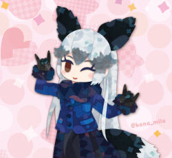1girl animal_ears black_gloves black_skirt blue_jacket brown_eyes commentary_request extra_ears fox_ears fox_girl fox_tail gloves grey_hair jacket kemono_friends kikuchi_milo long_hair looking_at_viewer monkey one_eye_closed pink_background silver_fox_(kemono_friends) simple_background skirt solo tail upper_body