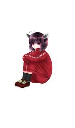  1girl absurdres ahoge black_socks blunt_bangs brown_hair closed_mouth edomura_niniko full_body headgear highres jacket knees_to_chest knees_up long_sleeves official_art red_eyes red_jacket red_shoes red_shorts second-party_source shoes short_hair shorts simple_background sitting sneakers socks solo touhoku_kiritan track_jacket track_suit transparent_background twintails voiceroid 