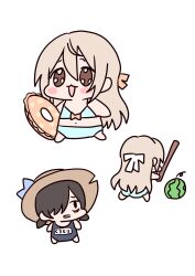  2girls absurdres aizawa_honami bikini black_hair blonde_hair chibi commentary_request deformed food from_behind frown fruit hair_ribbon hat highres holding holding_stick holding_swim_ring i_see_you_aizawa-san! innertube kurotori_michi long_hair loveodoro mietemasu_yo!_aizawa-san multiple_girls multiple_views name_tag open_mouth orange_ribbon ribbon school_swimsuit short_hair simple_background stick straw_hat summer swim_ring swimsuit watermelon white_background 