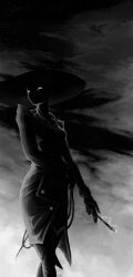  1girl breasts carapacian_(homestuck) cigarette_holder clouds commentary english_commentary greyscale hat homestuck monochrome riftryu snowman_(homestuck) solo star_(sky) whip 