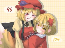  6+girls :d absurdres aki_minoriko aki_shizuha alternate_size asymmetrical_docking black_ribbon black_shirt black_skirt blonde_hair blue_eyes blue_hair bow breast_press breasts commentary_request from_side grape_hat_ornament green_eyes grey_hair grid_background hair_bow hair_ornament hair_ribbon hat highres himemushi_momoyo jacket large_breasts leaf_hair_ornament letty_whiterock long_sleeves looking_at_viewer medium_hair mini_person minigirl miyadeguchi_mizuchi miyako_yoshika multiple_girls okazaki_yumemi okunoda_miyoi person_between_breasts pink_hair purple_hair purple_hat red_bow red_eyes red_hair red_hat red_jacket red_leaf ribbon shirt short_sleeves siblings sidelocks sisters skirt small_breasts smile suspender_skirt suspenders teeth touhou touhou_22nd_popularity_poll upper_teeth_only watatsuki_no_yorihime white_background white_shirt yellow_background yellow_eyes yellow_shirt zhu_feng_caly 