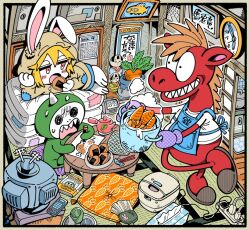  1girl animal_ears apron blonde_hair calendar_(object) carrot clock controller cup electric_fan food hood indoors kafun kettle multiple_boys open_mouth original oven_mitts pillow rabbit_ears red_eyes remote_control sharp_teeth slippers table teapot teeth trash_can 