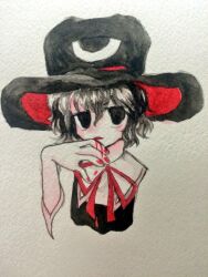  1other androgynous bad_id bad_twitter_id black_eyes black_hair black_hat black_vest blood blood_drip blood_on_clothes blood_on_hand collared_shirt commentary_request cropped_torso empty_eyes enraku_tsubakura expressionless eye_of_senri eye_on_hat eyes_visible_through_hair frown hair_between_eyes hat jandare jitome len'en licking licking_finger light_blush long_sleeves neck_ribbon open_mouth other_focus painting_(medium) red_hat red_ribbon ribbon ribbon-trimmed_vest shirt short_hair solo tongue top_hat traditional_media two-sided_fabric two-sided_headwear vest watercolor_(medium) wavy_hair white_shirt 
