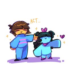  aqua_(deltarune) aqua_dress aqua_skin black_hair blue_sweater brown_hair chibi chibi_only colored_skin deltarune double_horizontal_stripe dress frisk_(undertale) greycat red_ribbon red_soul_(utdr) ribbon short_twintails soul_(utdr) sweater twintails two-tone_sweater undertale utdr_(toby_fox) yellow_skin 