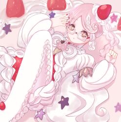  1girl commentary_request dress food food-themed_hair_ornament fruit glasses glassianne hair_ornament highres ice_cream_hair_ornament lying magical_girl mahou_shoujo_ikusei_keikaku mahou_shoujo_ikusei_keikaku_aces nana_shichiam pantyhose pink_hair puffy_sleeves short_hair star_ornament strawberry strawberry_hair_ornament white_pantyhose yellow_eyes 