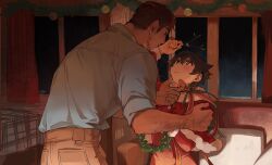  1boy 1girl age_difference arm_hair beard_stubble blush brown_hair capelet christmas christmas_wreath commentary degrees_of_lewdity double-parted_bangs dress eden_(degrees_of_lewdity) eden_(male)_(degrees_of_lewdity) eye_contact facial_hair from_behind fur-trimmed_capelet fur-trimmed_sleeves fur_trim grey_eyes grey_shirt hair_between_eyes hand_on_another's_arm hand_on_another's_chin hanedatomo902 heterochromia highres holding holding_mistletoe indoors leaning_forward long_sleeves looking_at_another looking_down looking_up mature_male mistletoe player_character_(degrees_of_lewdity) player_character_(female)_(degrees_of_lewdity) profile red_capelet red_dress santa_costume santa_dress shirt short_hair stubble tinsel upper_body window wreath 