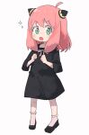  1girl :o anya_(spy_x_family) black_dress blush buttergirl_02 child clenched_hands dress female_child full_body green_eyes hairpods highres looking_at_viewer medium_hair open_mouth pink_hair simple_background solo spy_x_family standing v-shaped_eyebrows white_background 