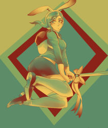  1girl adventure_time animal_ear_hood animal_ears backpack bag bow breasts commentary eyes_visible_through_hair fake_animal_ears fionna_campbell gumpboom holding holding_sword holding_weapon hood limited_palette rabbit_ears shirt shoes skirt solo sword thigh-highs weapon 
