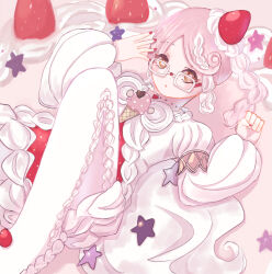  1girl commentary_request dress food food-themed_hair_ornament fruit glasses glassianne hair_ornament highres ice_cream_hair_ornament lying magical_girl mahou_shoujo_ikusei_keikaku mahou_shoujo_ikusei_keikaku_aces nana_shichiam pantyhose pink_hair puffy_sleeves short_hair star_ornament strawberry strawberry_hair_ornament white_pantyhose yellow_eyes 