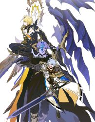  3boys antenna_hair arm_guards armor armored_boots artist_name asymmetrical_wings black_boots black_bridal_gauntlets black_cape black_choker black_cloak black_gloves black_pants black_sclera black_shirt blonde_hair blue_cape boots bridal_gauntlets cape carrying carrying_person choker cloak closed_eyes closed_mouth coat collarbone collared_shirt colored_sclera colored_skin cracked_skin dawnmaker_(honkai:_star_rail) feet_out_of_frame fingerless_gloves floating_cape floating_clothes full_body gauntlets gloves grey_hair grey_skin hair_between_eyes halo halo_behind_head happy high_collar highres holding holding_sword holding_weapon honkai:_star_rail honkai_(series) hood hooded_cloak jewelry long_hair_between_eyes looking_to_the_side male_focus multiple_boys multiple_persona neck_ring neck_tattoo open_mouth pants pauldrons phainon_(flame_reaver)_(honkai:_star_rail) phainon_(honkai:_star_rail) phainon_(khaslana)_(honkai:_star_rail) sakae_0_0 shirt short_hair shoulder_armor simple_background single_gauntlet single_glove single_pauldron size_difference smile squatting standing sun_symbol sun_tattoo sword tattoo teeth torn_cloak torn_clothes waist_cape weapon white_background white_coat white_eyes white_shirt wings yellow_eyes yellow_halo 
