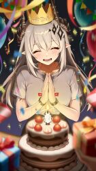 1girl ^_^ arknights balloon birthday birthday_cake black_horns blurry blush cake candle chinese_commentary closed_eyes collarbone commentary_request confetti cream crown facing_viewer fire food fruit gift gold_crown grey_hair grey_shirt happy happy_birthday highres horns long_hair mudrock_(arknights) open_mouth own_hands_together palms_together pennant pointy_ears shirt short_sleeves skydrop smile sparkle strawberry streamers t-shirt 