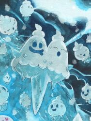  :o blue_eyes blue_sclera breath_weapon breathing_ice closed_eyes colored_sclera commentary cropped drooling english_commentary floating full_body highres mofinngram mouth_drool multiple_heads no_humans open_mouth painting_(medium) pokemon pokemon_(creature) pokemon_focus smile traditional_media vanillite vanilluxe watercolor_(medium) 