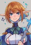  1girl aiguillette aqua_bow bangs blonde_hair blue_capelet blue_eyes blue_pupils bob_cut bow breasts buttons capelet closed_mouth earrings elf fur_collar grey_background highres holding holding_staff jewelry large_breasts looking_at_viewer original pointy_ears ringed_eyes rumie simple_background single_earring smile solo split_mouth staff turtleneck 
