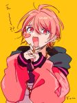  1boy blush earrings fang happy highres jewelry long_sleeves male_focus maruyama_reo necklace open_mouth paradox_live pink_eyes pink_hair ring shirota69 short_hair sketch smile solo translation_request yellow_background 