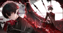  1boy arknights arknights:_endfield armor black_jacket camille_(arknights) closed_mouth earrings gloves halo highres jacket jewelry long_pointy_ears looking_at_viewer male_focus multicolored_hair pauldrons pointy_ears red_gloves rente_gu short_hair shoulder_armor single_pauldron solo spiked_halo streaked_hair turtleneck 
