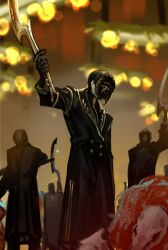  1boy 4others absurdres animal_skull black_coat black_gloves black_hair buttons coat eye_of_horus gloves gold_trim guest_art han_hee-joon highres holding holding_sword holding_weapon khopesh long_sleeves mask multiple_others nishikujic official_art project_moon short_hair sword the_distortion_detective third-party_source udjat_(project_moon) weapon 