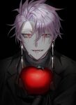  1boy apple ayin_033 black_background black_gloves black_jacket black_sweater commentary_request crying crying_with_eyes_open dress earrings food fruit gloves highres holding holding_food holding_fruit jacket jewelry korean_commentary long_sleeves male_focus open_clothes open_jacket open_mouth purple_dress red_eyes saibou_shinkyoku sanpaku short_hair simple_background solo suit_jacket sweater tears theodore_riddle turtleneck turtleneck_sweater 