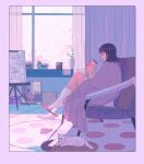  1girl bangs black_hair border cat couch curtains drink easel holding holding_drink indoors leaf medium_hair morncolour original pink_footwear plant potted_plant profile purple_border purple_theme rug slippers socks solo white_cat white_socks window 