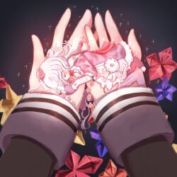  black_bow bow closed_eyes commentary_request cranberry_(mahoiku) dark_background dress forest_musician_cranberry_gaiden:_magical_girl_raising_project_unripe_duet frilled_dress frills gloves hat highres long_hair magical_girl mahou_shoujo_ikusei_keikaku miiya_octave multiple_girls nana_shichiam sleeping white_gloves white_hair 
