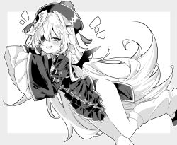  1girl arms_up bat_wings blush border chinese_clothes commentary_request dress eyepatch goddess_of_victory:_nikke greyscale grin guillotine_(nikke) hat highres jiangshi_costume long_hair looking_at_viewer loose_socks monochrome ofuda ofuda_on_head outside_border qingdai_guanmao qipao shoes sleeves_past_fingers sleeves_past_wrists smile socks solo tangzhuang tu_pa_pa_pa very_long_hair wings 