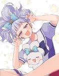  1girl :3 :d alternate_hairstyle animal_ears bangs blue_bow blue_nails blunt_bangs bow bowtie claw_pose commentary_request dogam_(dogam40044314) doll ear_covers gold_ship_(umamusume) grey_hair hair_bow hair_up head_tilt highres horse_ears horse_girl jitome looking_at_viewer open_mouth pink_eyes puffy_sleeves purple_bow purple_bowtie school_uniform short_sleeves sitting skirt smile solo summer_uniform tracen_school_uniform umamusume upper_body v-shaped_eyebrows white_background 