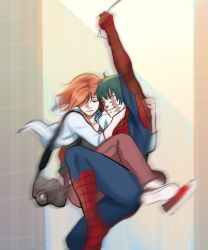  2girls absurdres commentary eyepatch green_hair highres hug jujutsu_kaisen kugisaki_nobara lumen_sky multiple_girls orange_hair scar scar_on_face short_hair spider-man zen'in_maki zen'in_maki_(post-shibuya) 
