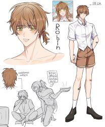  1girl 2boys adam's_apple amibaaanaka bandaid bandaid_on_arm bandaid_on_finger bandaid_on_hand bandaid_on_knee bandaid_on_leg blush brown_shorts character_name collarbone collared_shirt degrees_of_lewdity full_body hand_in_pocket height highres low_ponytail male_focus multiple_boys multiple_views pectorals player_character_(degrees_of_lewdity) player_character_(male)_(degrees_of_lewdity) ponytail robin_(degrees_of_lewdity) robin_(female)_(degrees_of_lewdity) robin_(male)_(degrees_of_lewdity) shirt short_ponytail short_sleeves shorts sitting socks standing white_shirt white_socks 