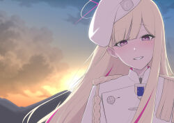  1girl 2y_training_id absurdres aiguillette beret blonde_student_council_president_(blue_archive) blue_archive clouds coat commentary_request epaulettes grin halo hat highres korean_commentary looking_at_viewer mountain multicolored_hair multicolored_halo portrait purple_hair purple_halo sky smile solo straight-on streaked_hair sunset two-tone_hair two-tone_halo violet_eyes white_coat white_halo white_hat 