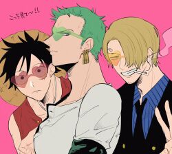  3boys bandana_around_arm black_necktie black_suit blue_shirt cigarette clenched_teeth commentary_request curly_eyebrows earrings green-tinted_eyewear green_hair hair_over_one_eye hao_(ohao52) hat heart heart-shaped_eyewear jewelry looking_at_viewer male_focus monkey_d._luffy multiple_boys necktie one_piece orange-tinted_eyewear pink_background red-tinted_eyewear red_shirt roronoa_zoro sanji_(one_piece) shirt short_hair simple_background sleeveless sleeveless_shirt smile smoke straw_hat suit teeth tinted_eyewear v 