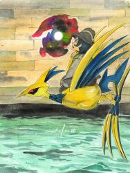  1boy black_hair brick_wall closed_mouth commentary english_commentary flying grey_hat grey_jacket hat highres jacket male_focus mega_pokemon mega_skarmory mofinngram open_mouth painting_(medium) paxton_(pokemon) pokemon pokemon_legends:_z-a portal_(object) riding riding_pokemon short_hair signature skarmory traditional_media water watercolor_(medium) 